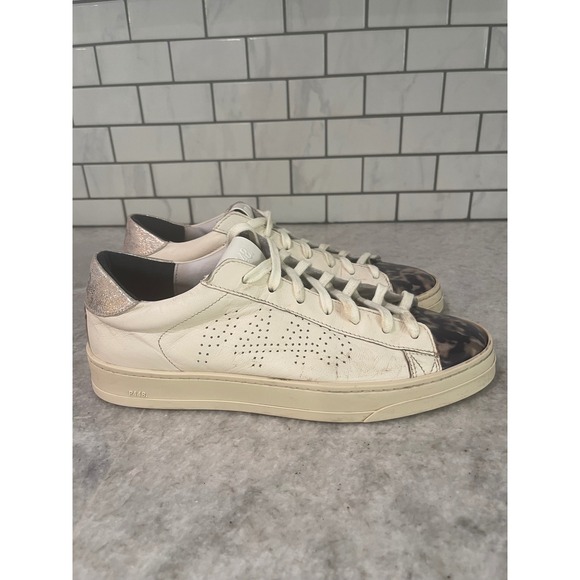 P448 Shoes - P448 Sneakers Womens 8.5 Off White John Leopard Print Toe Metallic Heel Low Top